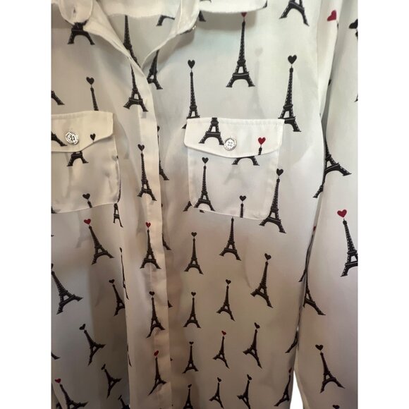 Karl Lagerfeld Paris Eiffel Tower Print Long Sleeve Button-Up Blouse L - Picture 3 of 4